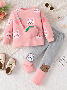 Hopscotch - Girls Pink & Grey Animal Print Sweatshirt & Legging with Handbag