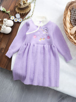 Hopscotch - Girls Lavender Embroidered Full-Sleeve Casual Dress