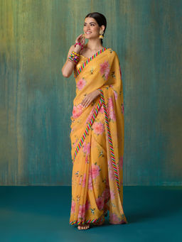 Likha - Mustard Ethnic Bloom Georgette Digital Printed Saree with Unstitched Blouse LIKSAR138 (Free Size)