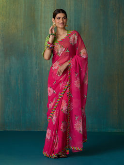 Likha - Pink Ethnic Bloom Georgette Digital Printed Saree with Unstitched Blouse LIKSAR138 (Free Size)