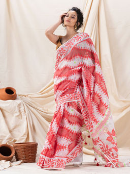 Angoshobha - Traditional White & Red Creeper Soft Dhakai Jamdani Saree with Unstitched Blouse