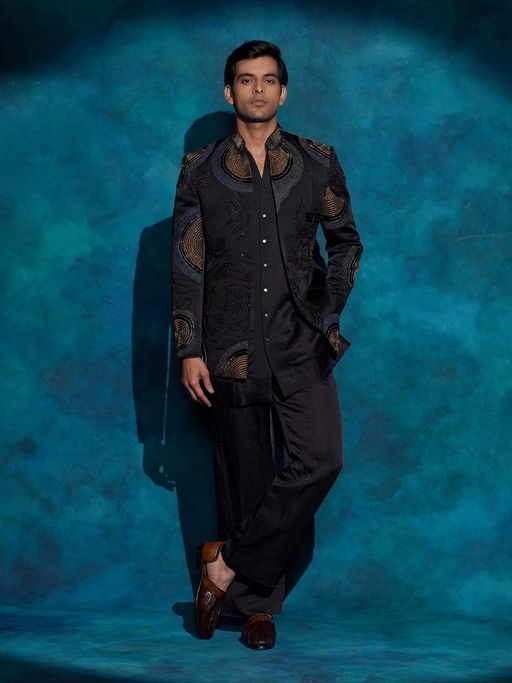 Jatin Malik Black Hand Embroidered Open Bandhgala with Kurta and Trouser