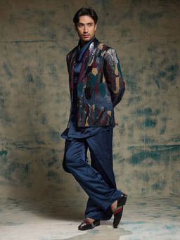 Jatin Malik - Navy Blue Sequined Short Jacket with Kurta and Trouser