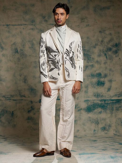 Jatin Malik Cream Tusk Nandi Embroidered Blazer with Shirt, Belt and Trouser