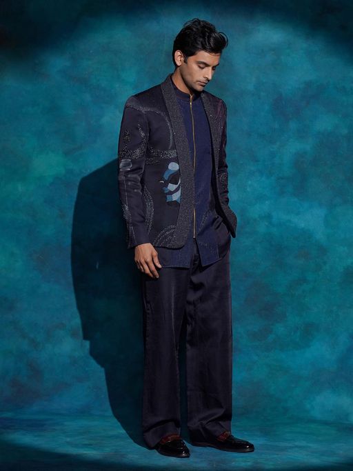 Jatin Malik Midnight Blue Hand Embroidered Concept Blazer with Kurta and Trouser