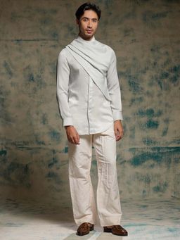 Jatin Malik - Ivory Silver Sand Wash Drape Kurta with Trouser