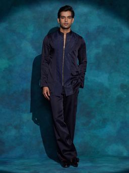 Jatin Malik - Midnight Blue Zipper Short Kurta with Trouser