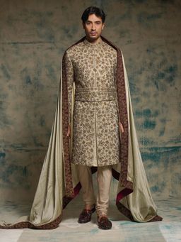 Jatin Malik - Beige Sand Linen Silk Embroidered Sherwani with Churidar and Dupatta