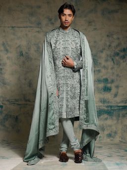 Jatin Malik - Chateau Grey Hand Embroidered Sherwani with Kurta, Churidar and Dupatta