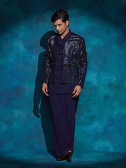 Jatin Malik - Purple Hand Embroidered Sequence Short Jacket with Kurta and Trouser
