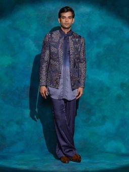 Jatin Malik - Oceanic Purple Hand Embroidered Short Jacket with Kurta and Trouser