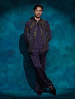 Jatin Malik - Purple Hand Embroidered Sequence Short Jacket with Kurta and Trouser