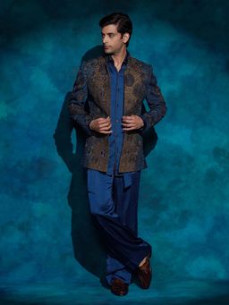 Jatin Malik - Teal Hand Embroidered Short Jacket with Kurta and Trouser