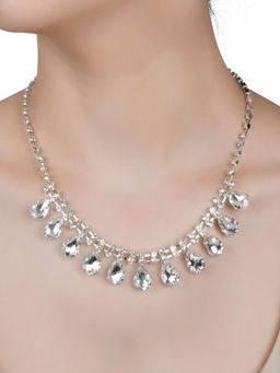 Lilly & Sparkle - Silver Toned White Drop Shape Stone Studded Necklace with Drop Earrings (Set of 2)