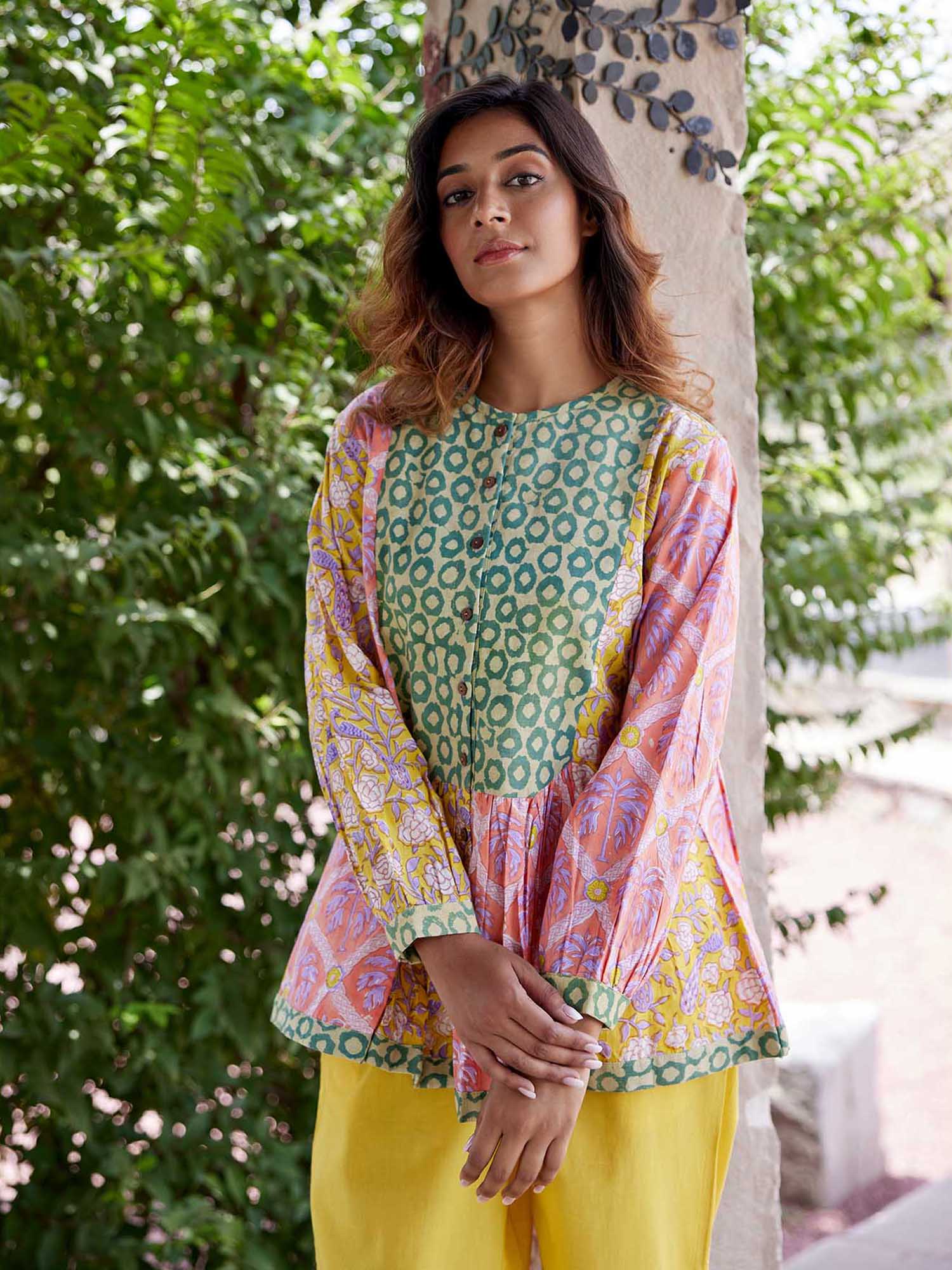 Multi-coloured Printed Cotton Shirt Style Peplum Top-image-14