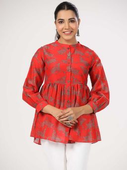 JAIPURRANG - Animal Print Mandarin Collar Cotton Peplum Top