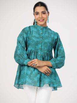 JAIPURRANG - Animal Print Mandarin Collar Cotton Peplum Top