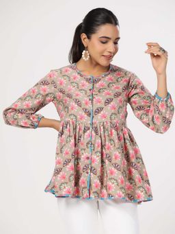 JAIPURRANG - Women Floral Printed Puff Sleeve Peplum Top