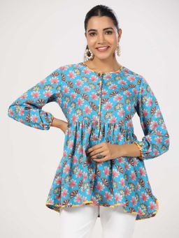 JAIPURRANG - Women Floral Printed Puff Sleeve Peplum Top