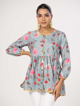 JAIPURRANG - Floral Print Puff Sleeve Peplum Top