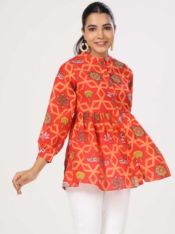 JAIPURRANG - Animal Print Mandarin Collar Cotton Peplum Top