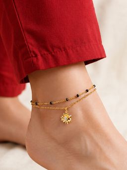 ARTKLIM - Gold Flower Charm Black Anklet for Women