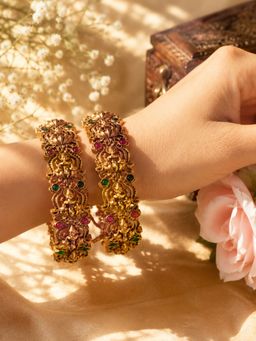 SUGARFRILL - Gold Plated Ruby Multi-Color Stone Lakshmi Temple Bangles (Pack of 2)
