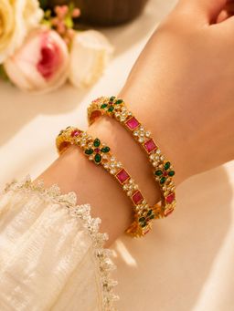 SUGARFRILL - Gold Plated Ruby Multi-Color Stone Floral Bangles (Pack of 2)