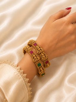SUGARFRILL - Gold Plated Ruby Multi-Color Square Stone Temple Bangles (Pack of 2)