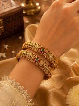 SUGARFRILL - Gold Plated Ruby Multi-Color Stone Filigree Temple Bangles (Pack of 2)