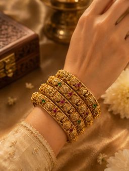 SUGARFRILL - Gold Plated Multi-Color Stone Filigree Temple Bangles (Pack of 4)