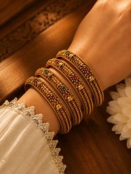 SUGARFRILL - Gold Plated Multi-Color Stone Textured Bangles (Pack of 4)
