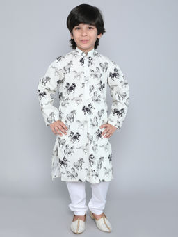 Little Clothings - Boys Off White Horse Print Kurta With Churidar