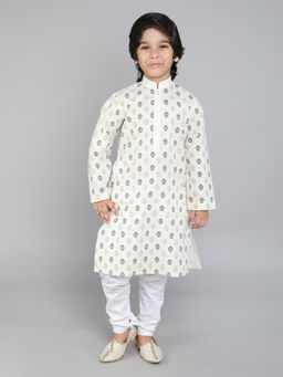 Little Clothings - Boys Cream Hand Block Print Kurta with Churidar