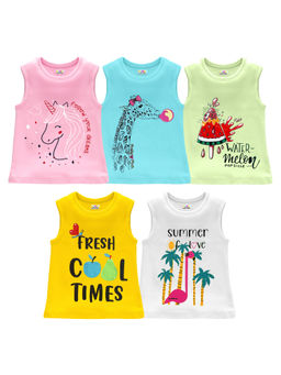 Kuchipoo - Girls Multi-Color Sleeveless Regular Fit Cotton T-Shirts (Pack of 5)