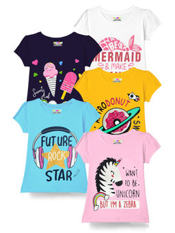 Kuchipoo - Girls Multi-Color Printed Half Sleeves Regular Fit T-Shirts (Pack of 5)