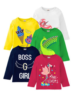 Kuchipoo - Girls Multi-Color Regular Fit Full Sleeves Cotton T-Shirts (Pack of 5)