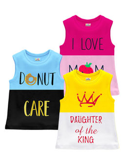 Kuchipoo - Girls Multi-Color Regular Fit Sleeveless T-Shirts (Pack of 3)