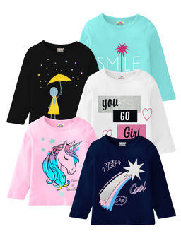 Kuchipoo - Girls Multi-Color Full Sleeves Regular Fit Cotton T-Shirts (Pack of 5)