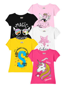 Kuchipoo - Girls Multi-Color Half Sleeves Regular Fit Cotton T-Shirts (Pack of 5)