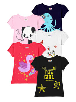 Kuchipoo - Girls White Half Sleeves Printed Regular Fit Cotton T-Shirts (Pack of 5)
