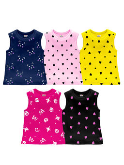 Kuchipoo - Girls Multi-Color Sleeveless Regular Fit Cotton T-Shirts (Pack of 5)