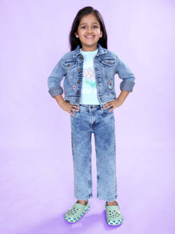 KiddoPanti - Girls Blue Cotton Printed Jacket with T-Shirt & Jeans (Set of 3)
