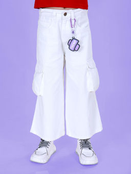 KiddoPanti - Girls White Utility Cargo Jeans with Keychain