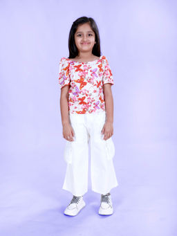 KiddoPanti - Girls White Floral Georgette Sleeves Butterfly Printed Top with Jeans