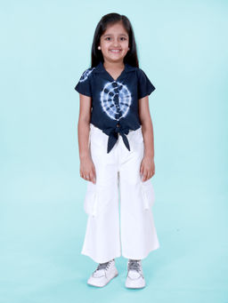 KiddoPanti - Girls Blue Tie-Dye Rayon Woven Half Sleeves Shirt with Jeans