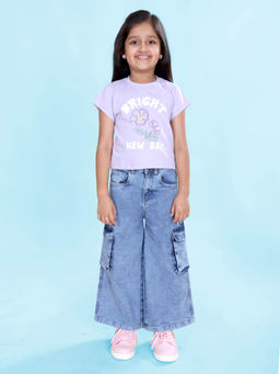 KiddoPanti - Girls Purple Cotton Knit Half Sleeves Printed T-Shirt with Jeans