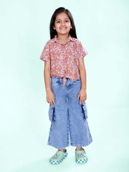 KiddoPanti - Girls Multi-Color Floral Printed Rayon Half Sleeves Shirt with Jeans