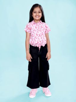 KiddoPanti - Girls Pink Rayon Half Sleeves Floral Printed Front Knot Shirt with Jeans