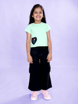 KiddoPanti - Girls Green Embroidered Cotton Knit Half Sleeves T-Shirt with Jeans
